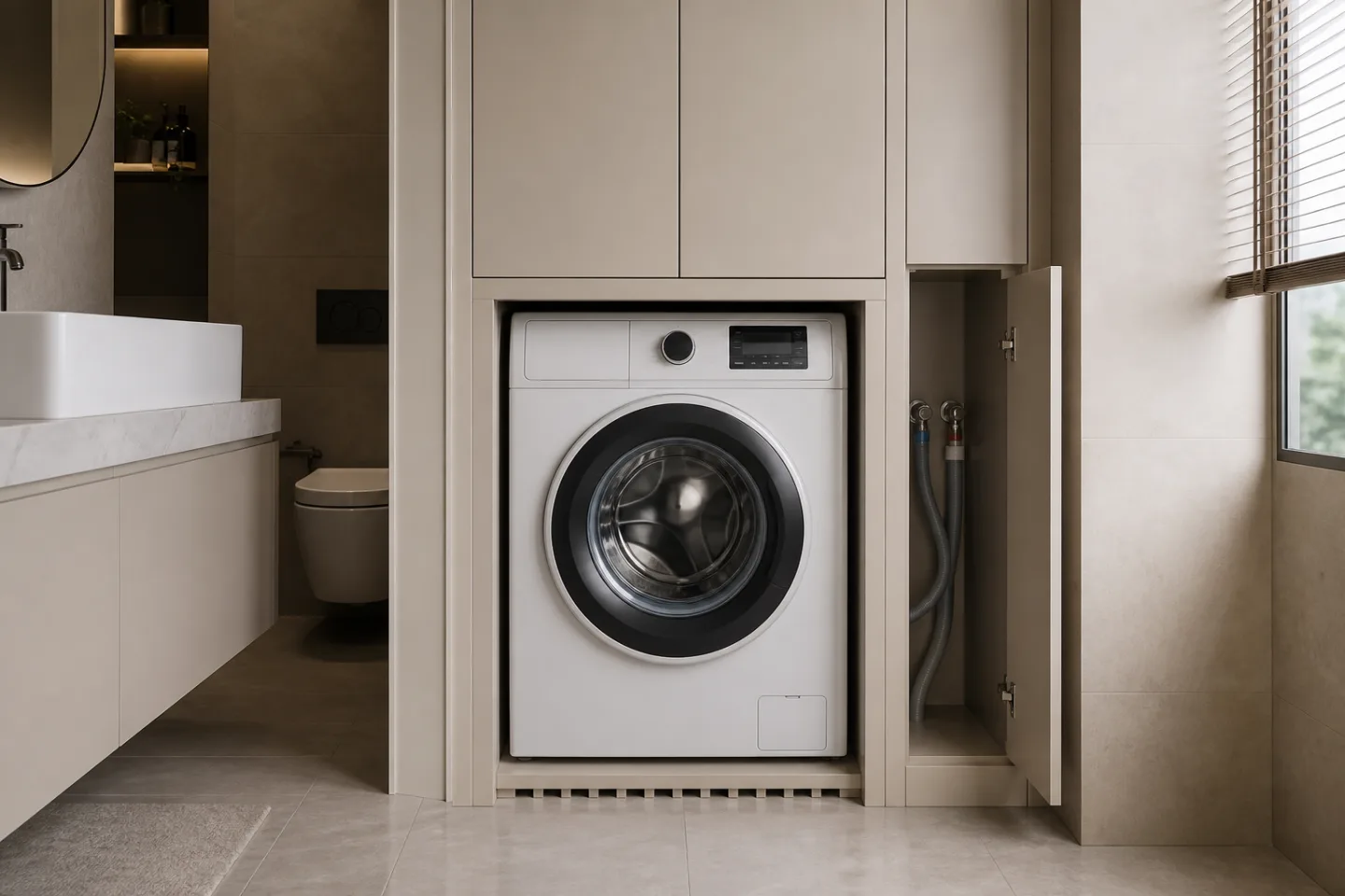 Üst depolaması, makine çevresi boşluğu, havalandırmalı kaidesi ve erişilebilir hortum bölmesi görünen banyo dolabı