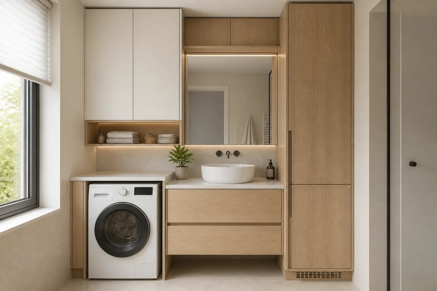 Çamaşır makinesi, lavabo dolabı, kapalı üst dolap ve boy dolabı aynı duvarda planlanan banyo