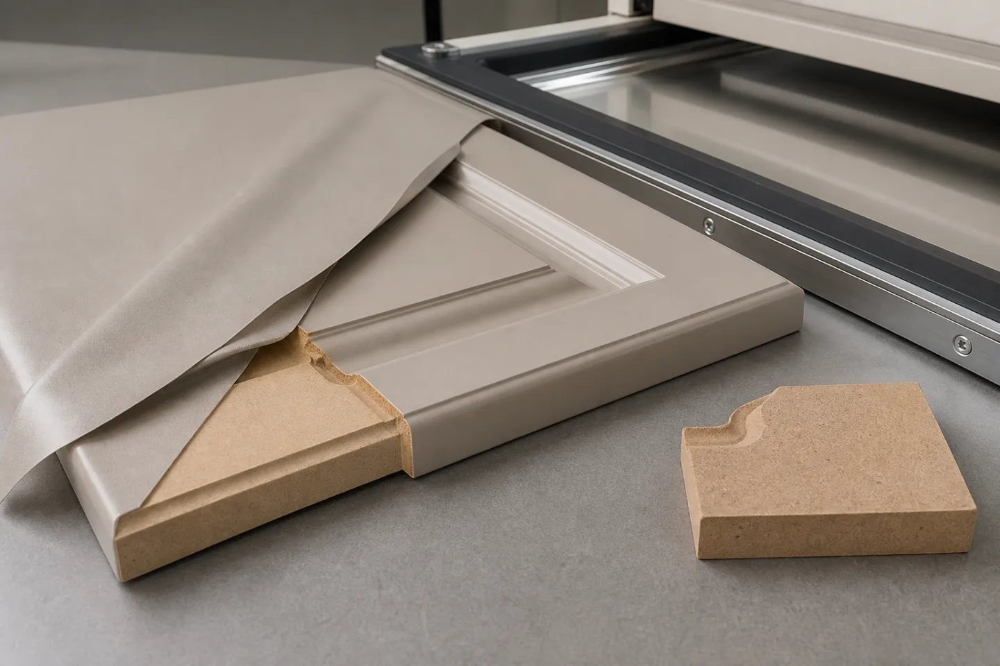 PVC membran folyonun profil verilmiş MDF kapağın ön yüzüne ve kenarına vakumla sarılmasını gösteren üretim detayı