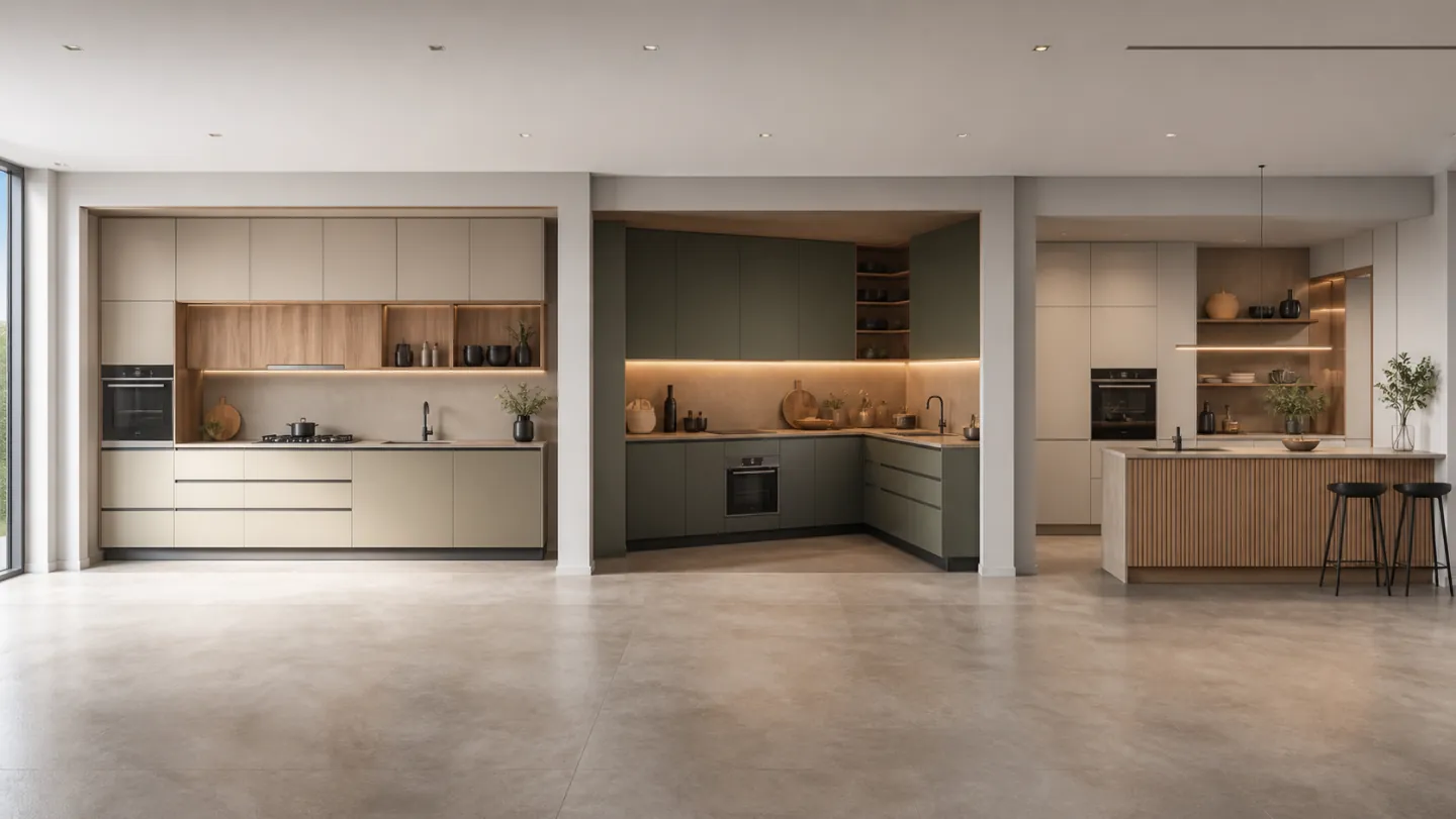 Düz, L ve yarım ada yerleşimli farklı mutfak dolabı modellerinin sergilendiği showroom